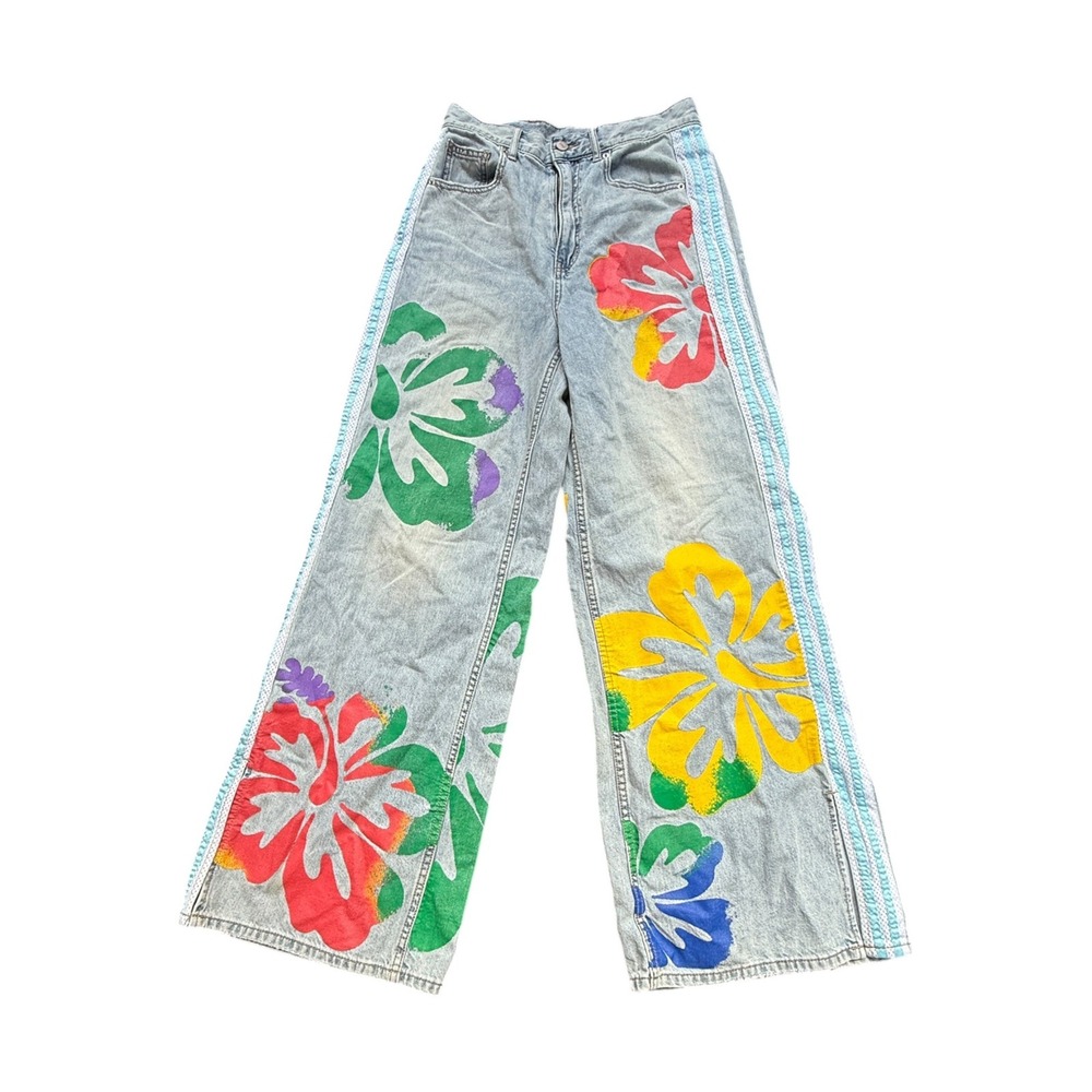 BDG Wide Leg Jeans Womens 28 Light Blue Hibiscus Floral Tropical Side Stripe